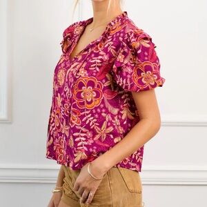 LOFT Mosaic Puff Sleeve V-Neck Mixed Media Top Floral Tropical‎ Pink Size Medium